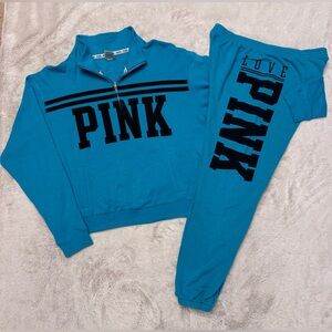 VS PINK VINTAGE SET 1/2 ZIP SWEATSHIRT & SWEATPANTS TEAL BLUE BLACK LOGO RARE LG